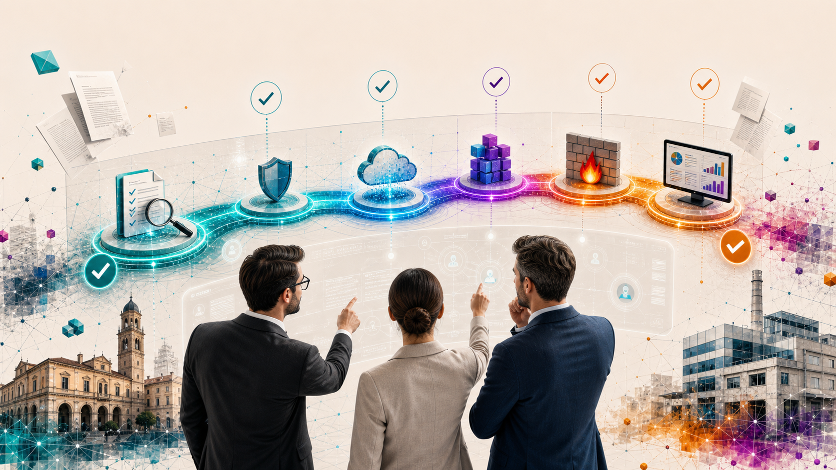 Consulenti che progettano un percorso cloud e cybersecurity per il voucher